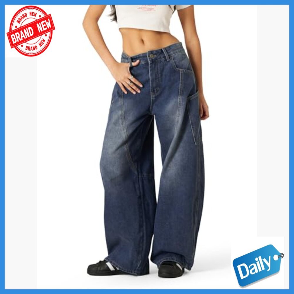 Men's Wide Leg Barrel Cut Jeans with Big Pockets, Unisex Streetwear - Picture 2 of 7